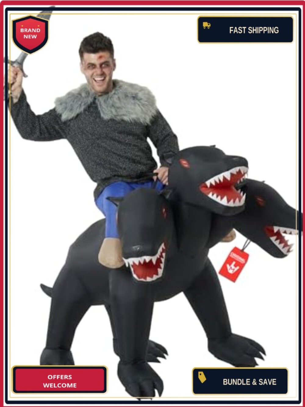 Inflatable Three Headed Dog Ride-On Costume Adult One Size Fan Operated